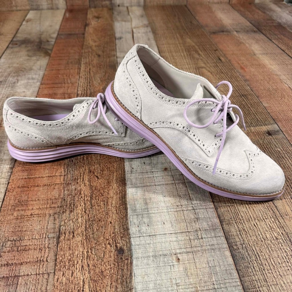 Cole Haan Lunargrand Wingtip Oxford Womens 9 Gray Suede Purple Sole Preppy